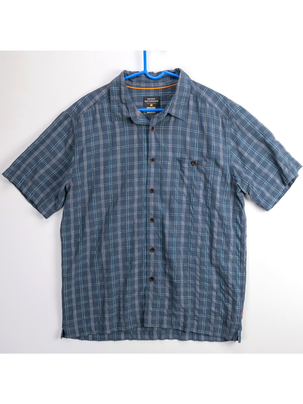 Quiksilver Waterman Mens Large Plaid Short Sleeve Button Up Shirt Blue Beach